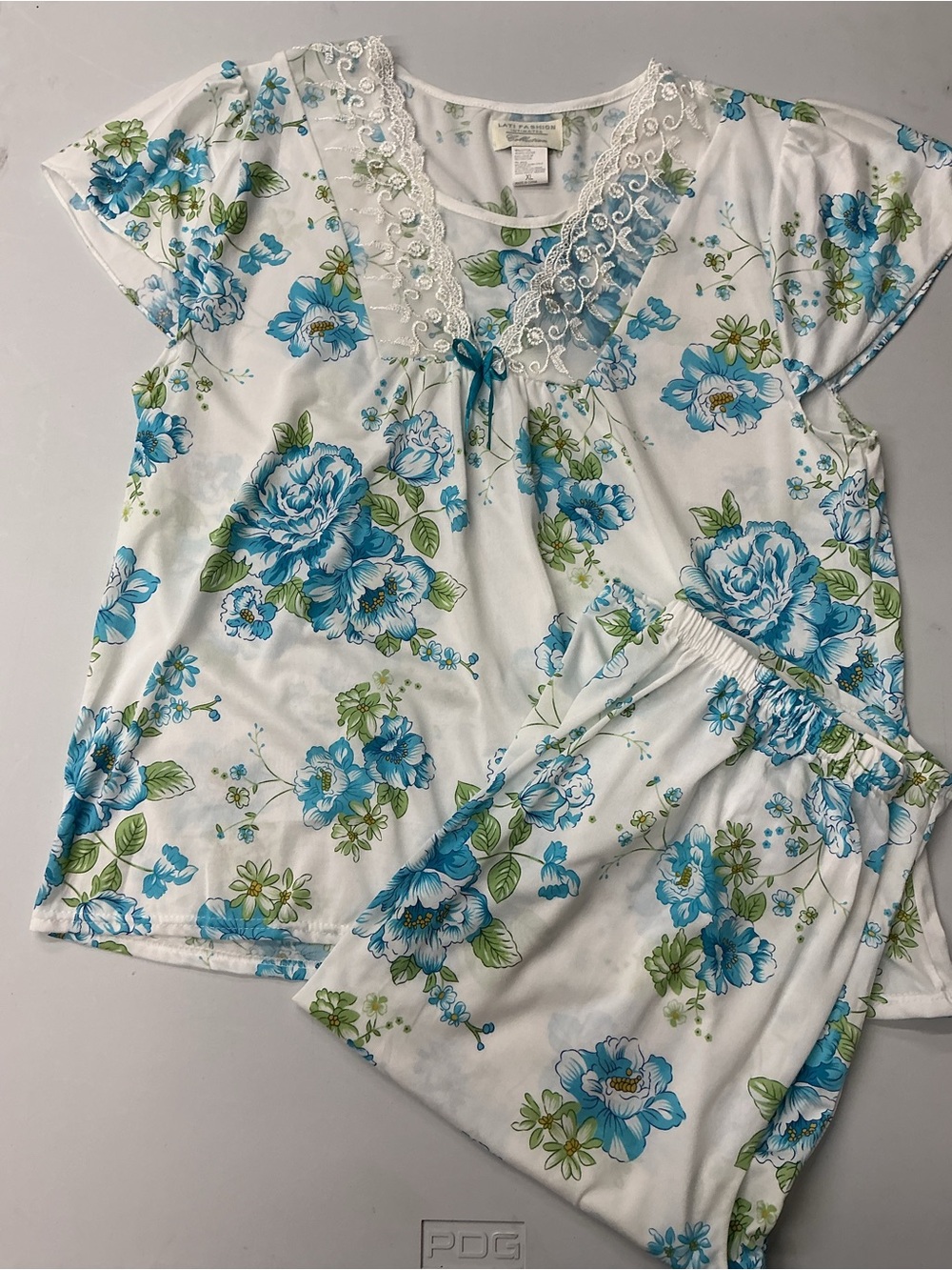 Lati Fashion Intimates XL Blue Floral Lace-Trim Pajama Set